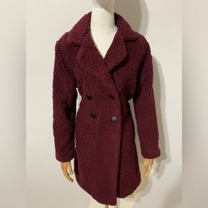 Purple Maroon Sherpa Peacoat Jacket with Leather Belt / Buttons
